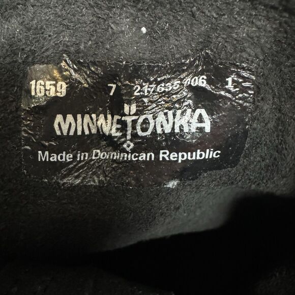 VTG MINNETONKA Suede Black Leather Fringe Mid Calf Moccasin Boots Sz 7 Festival - Picture 7 of 7